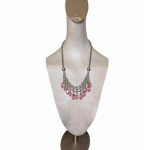 Pink Glass Crystal Statement Bib Necklace Silver Tone Layered Chain Boho